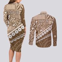 Beige Bula Fiji Couples Matching Long Sleeve Bodycon Dress and Long Sleeve Button Shirt Fijian Language Week Tapa Cloth - Pastel