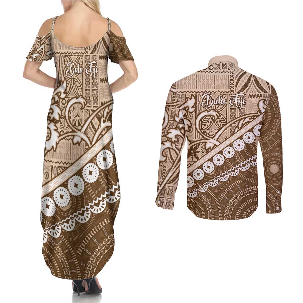 Beige Bula Fiji Couples Matching Summer Maxi Dress and Long Sleeve Button Shirt Fijian Language Week Tapa Cloth - Pastel