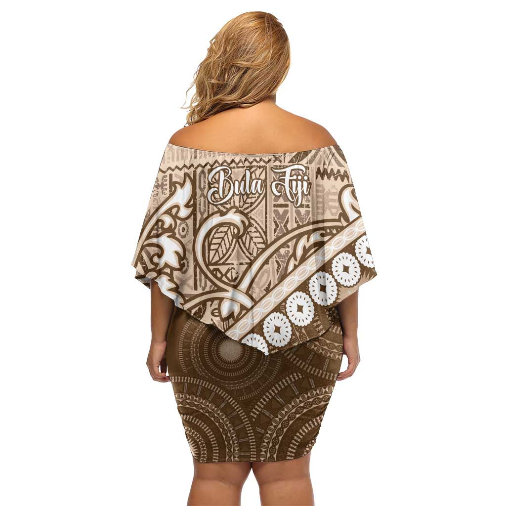 Beige Bula Fiji Family Matching Off Shoulder Short Dress and Hawaiian Shirt Fijian Language Week Tapa Cloth - Pastel