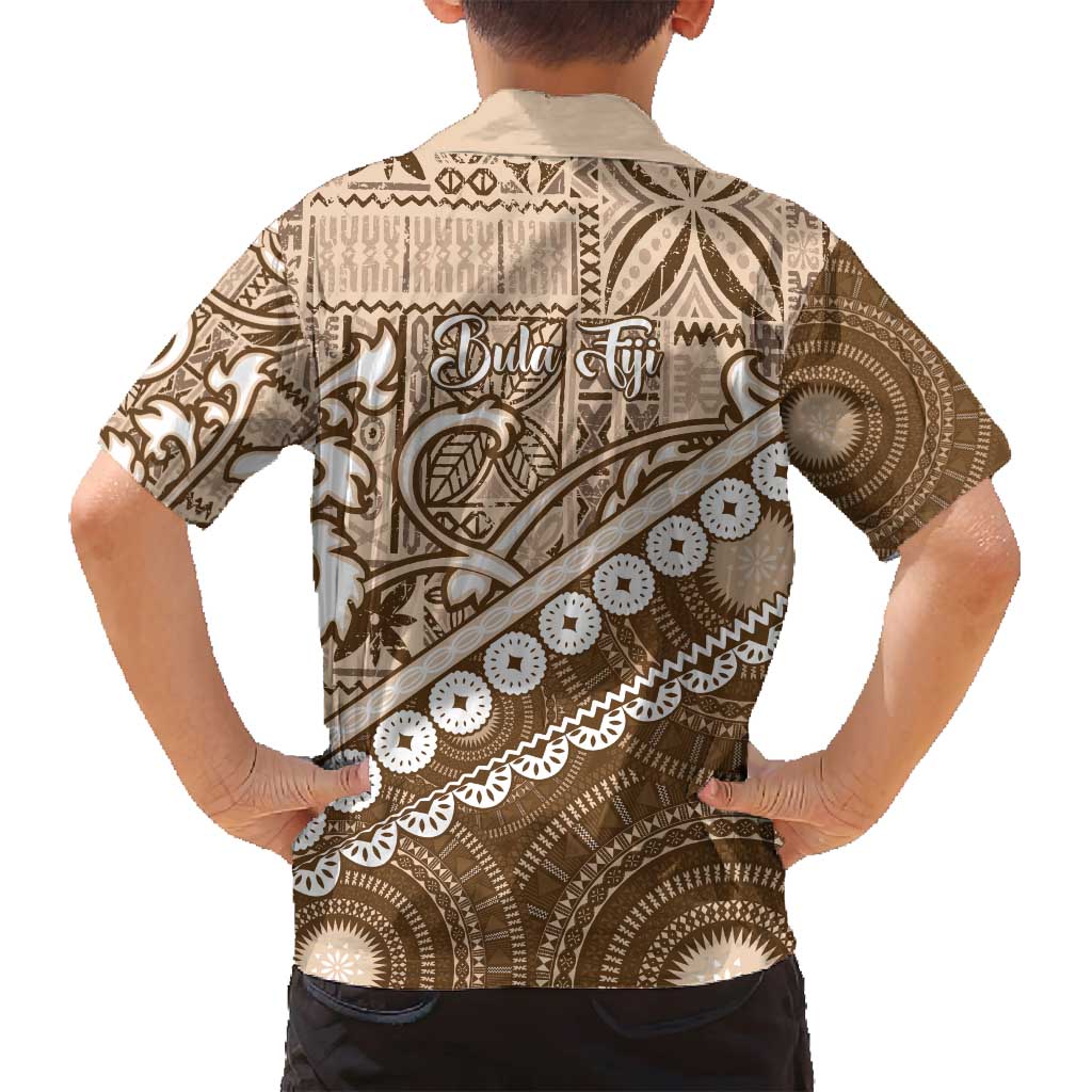 Beige Bula Fiji Family Matching Puletasi and Hawaiian Shirt Fijian Language Week Tapa Cloth - Pastel LT14 - Polynesian Pride