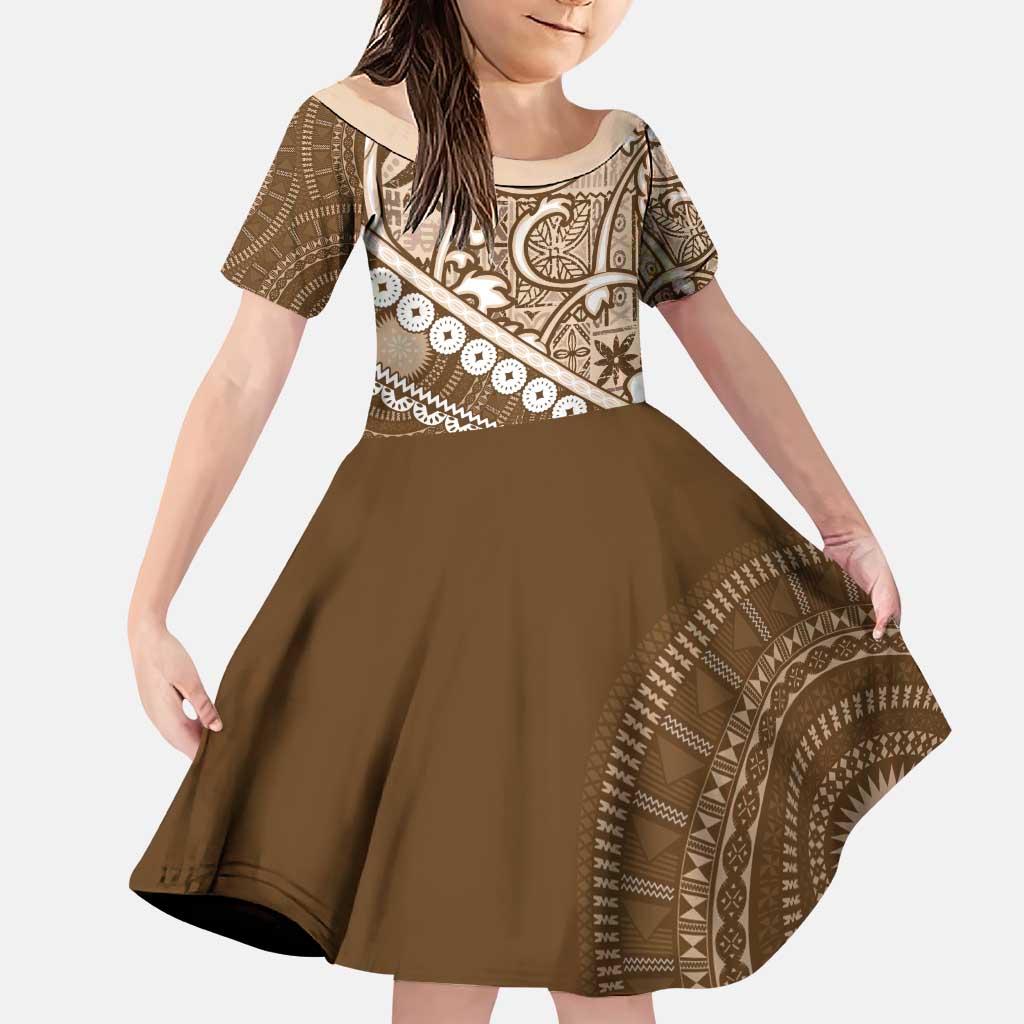 Beige Bula Fiji Family Matching Puletasi and Hawaiian Shirt Fijian Language Week Tapa Cloth - Pastel LT14 Daughter's Dress Beige - Polynesian Pride