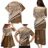 Beige Bula Fiji Family Matching Puletasi and Hawaiian Shirt Fijian Language Week Tapa Cloth - Pastel LT14 - Polynesian Pride