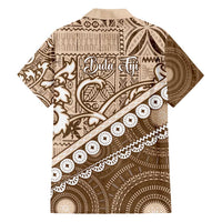 Beige Bula Fiji Family Matching Puletasi and Hawaiian Shirt Fijian Language Week Tapa Cloth - Pastel LT14 - Polynesian Pride
