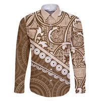 Beige Bula Fiji Family Matching Puletasi and Hawaiian Shirt Fijian Language Week Tapa Cloth - Pastel LT14 Dad's Shirt - Long Sleeve Beige - Polynesian Pride