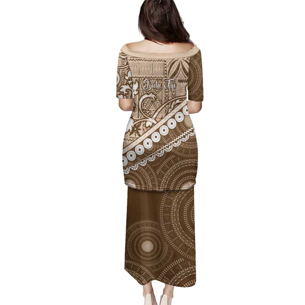 Beige Bula Fiji Family Matching Puletasi and Hawaiian Shirt Fijian Language Week Tapa Cloth - Pastel LT14 - Polynesian Pride