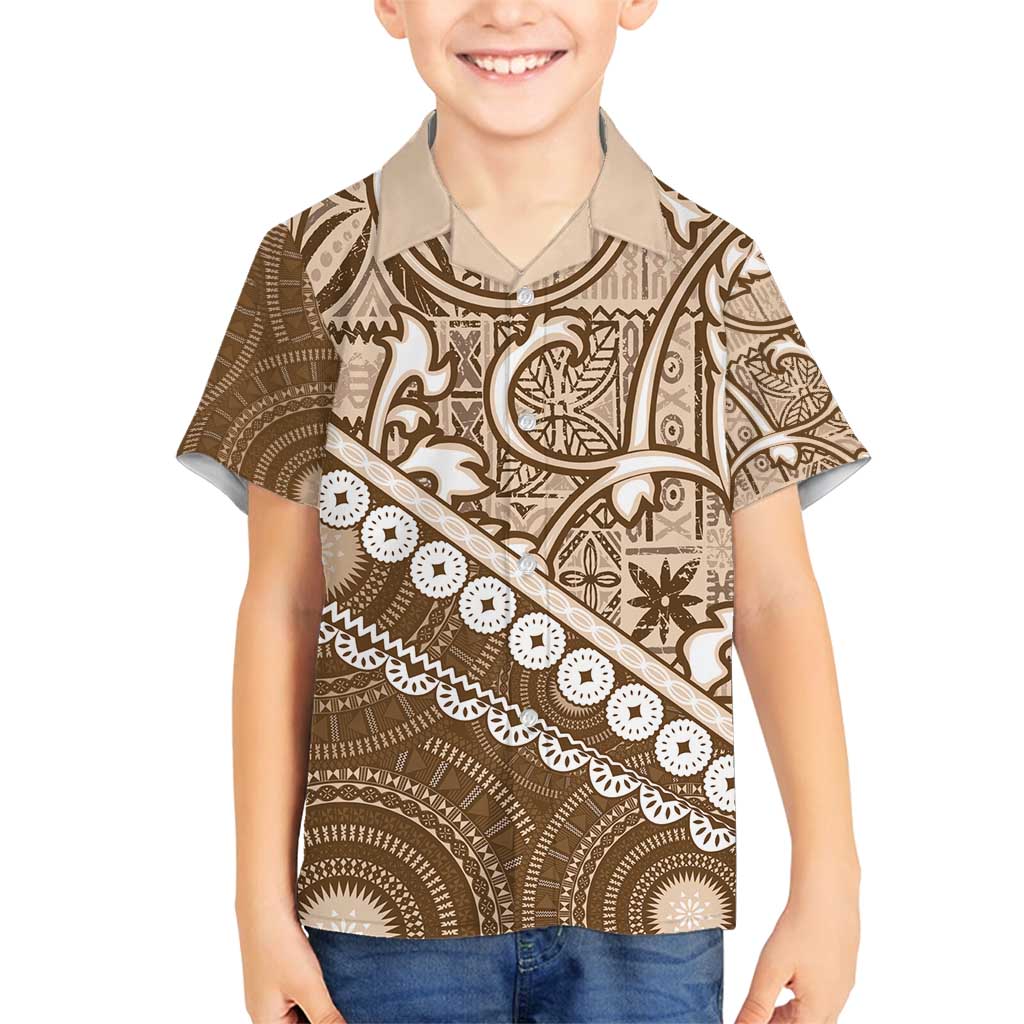 Beige Bula Fiji Family Matching Puletasi and Hawaiian Shirt Fijian Language Week Tapa Cloth - Pastel LT14 Son's Shirt Beige - Polynesian Pride