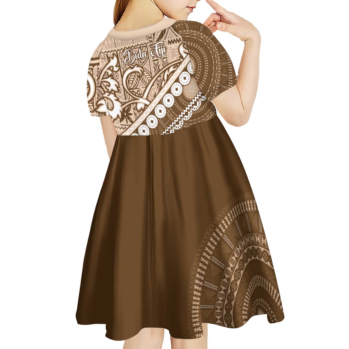 Beige Bula Fiji Kid Short Sleeve Dress Fijian Language Week Tapa Cloth - Pastel