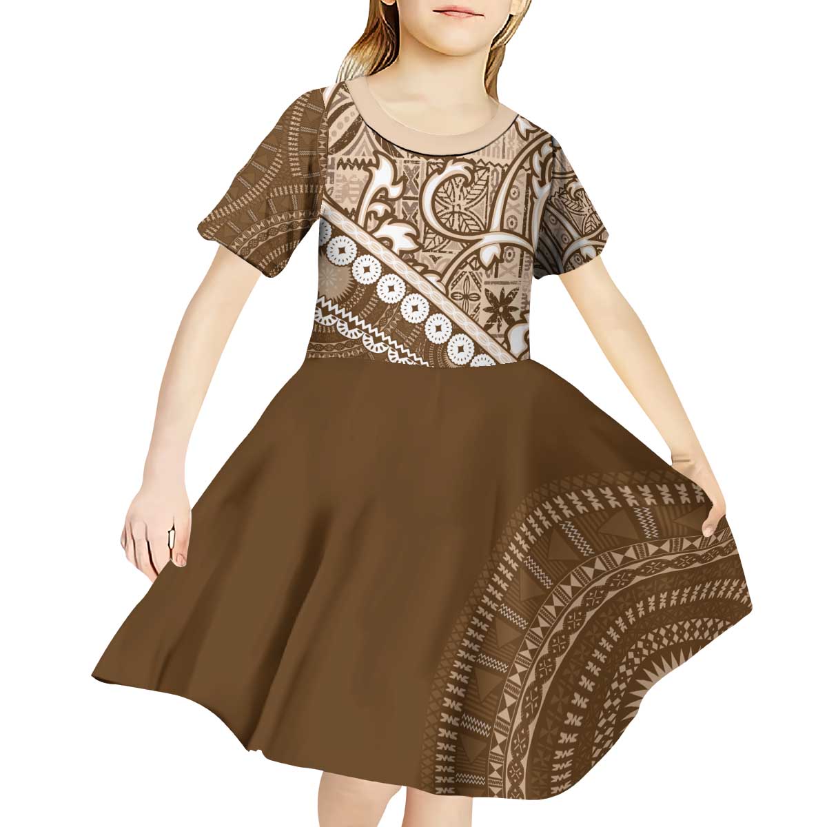 Beige Bula Fiji Kid Short Sleeve Dress Fijian Language Week Tapa Cloth - Pastel