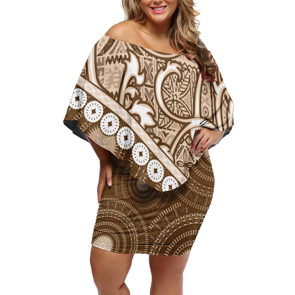 Beige Bula Fiji Off Shoulder Short Dress Fijian Language Week Tapa Cloth - Pastel