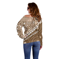 Beige Bula Fiji Off Shoulder Sweater Fijian Language Week Tapa Cloth - Pastel