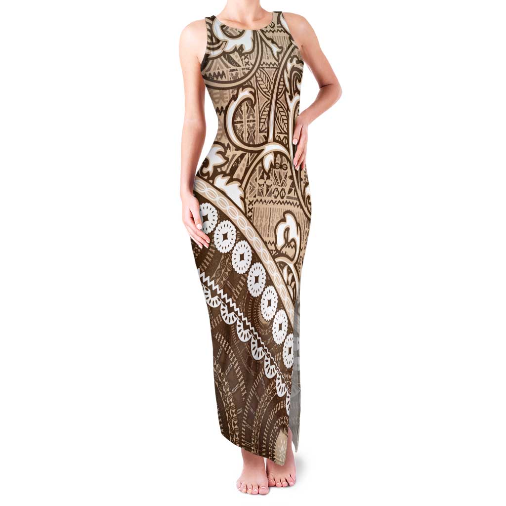 Beige Bula Fiji Tank Maxi Dress Fijian Language Week Tapa Cloth - Pastel