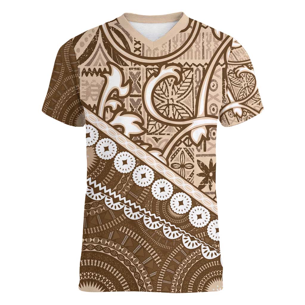 Beige Bula Fiji Women V-Neck T-Shirt Fijian Language Week Tapa Cloth - Pastel