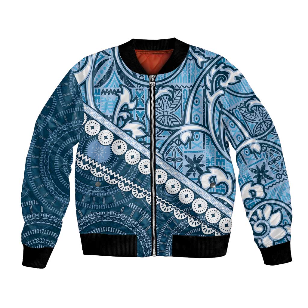 Blue Bula Fiji Bomber Jacket Fijian Language Week Tapa Cloth - Pastel LT14 Unisex Blue - Polynesian Pride