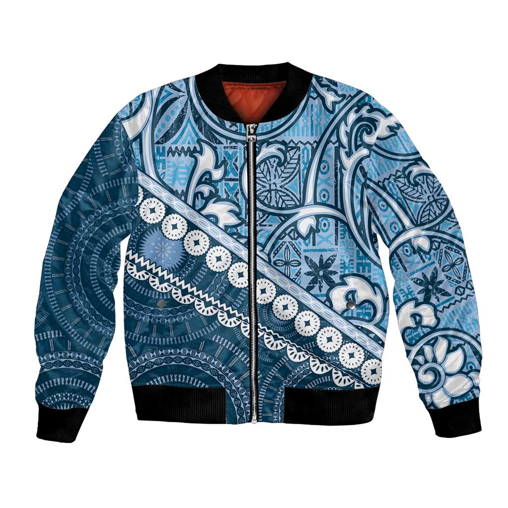 Blue Bula Fiji Bomber Jacket Fijian Language Week Tapa Cloth - Pastel