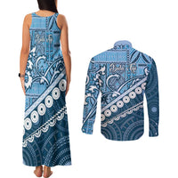Blue Bula Fiji Couples Matching Tank Maxi Dress and Long Sleeve Button Shirt Fijian Language Week Tapa Cloth - Pastel