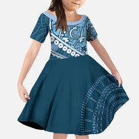 Blue Bula Fiji Family Matching Puletasi and Hawaiian Shirt Fijian Language Week Tapa Cloth - Pastel LT14 Daughter's Dress Blue - Polynesian Pride