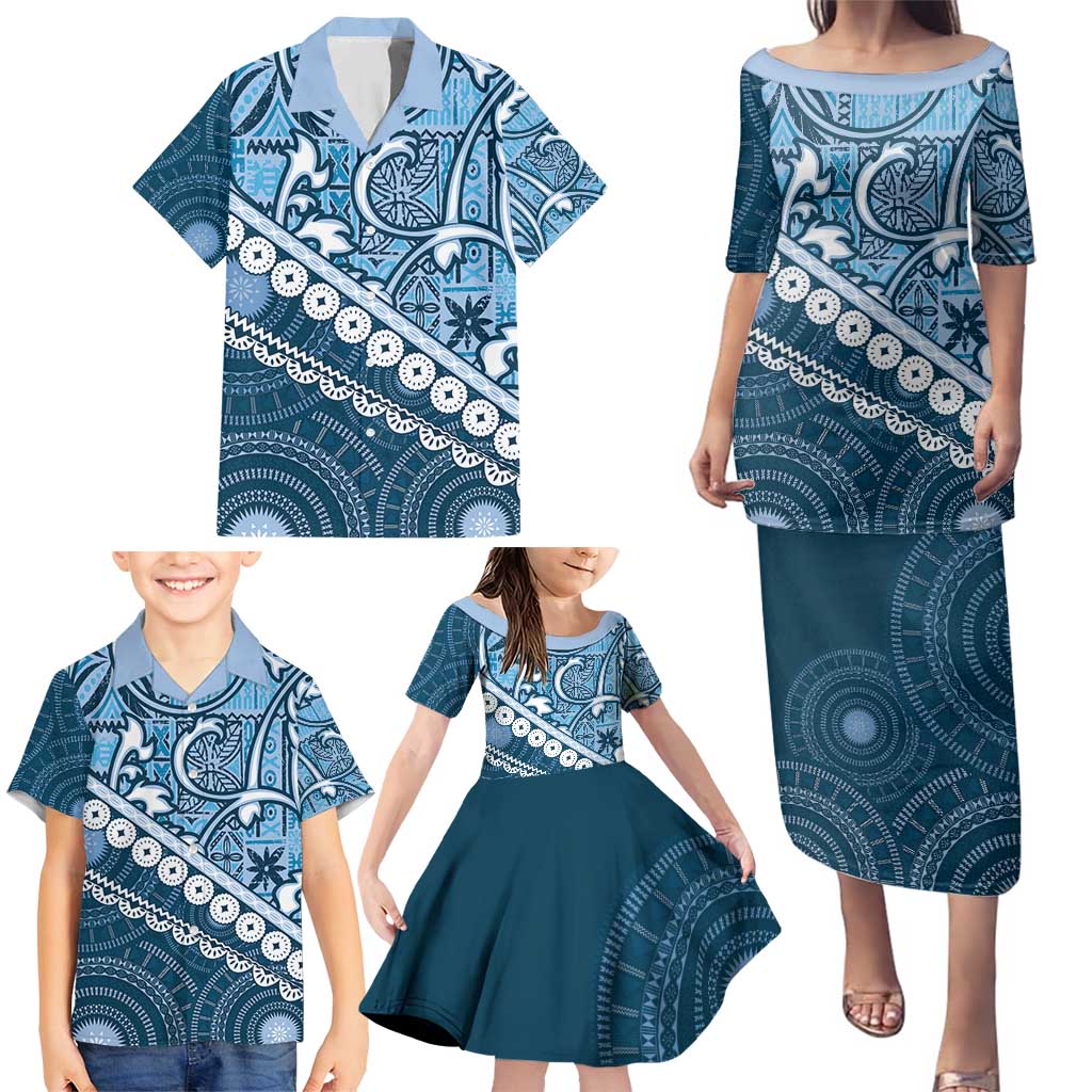 Blue Bula Fiji Family Matching Puletasi and Hawaiian Shirt Fijian Language Week Tapa Cloth - Pastel LT14 - Polynesian Pride