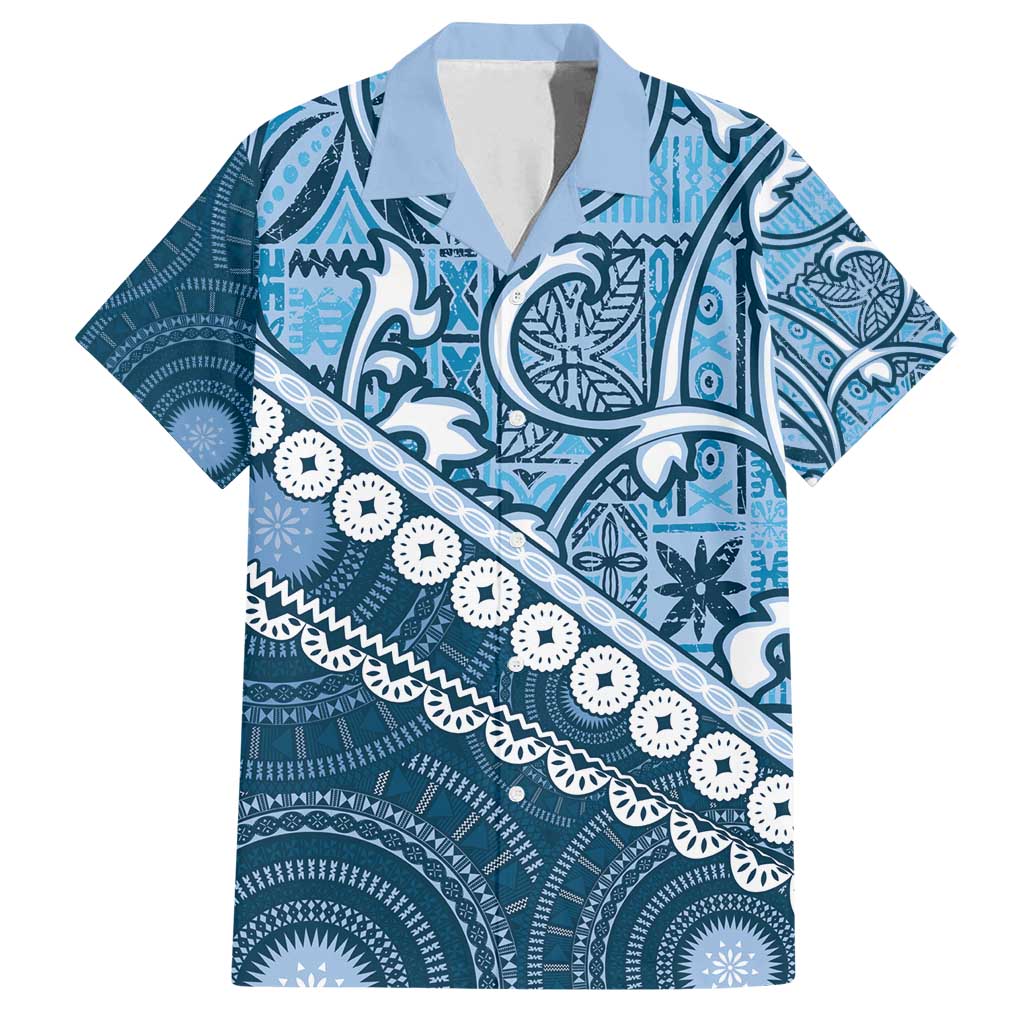 Blue Bula Fiji Family Matching Puletasi and Hawaiian Shirt Fijian Language Week Tapa Cloth - Pastel LT14 Dad's Shirt - Short Sleeve Blue - Polynesian Pride