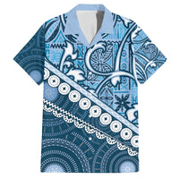 Blue Bula Fiji Family Matching Puletasi and Hawaiian Shirt Fijian Language Week Tapa Cloth - Pastel LT14 Dad's Shirt - Short Sleeve Blue - Polynesian Pride