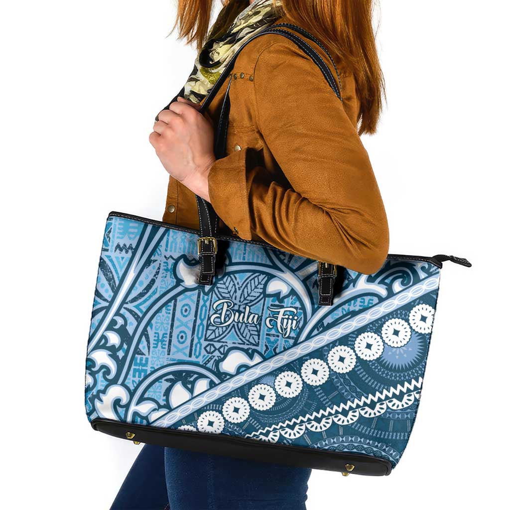 Blue Bula Fiji Leather Tote Bag Fijian Language Week Tapa Cloth - Pastel