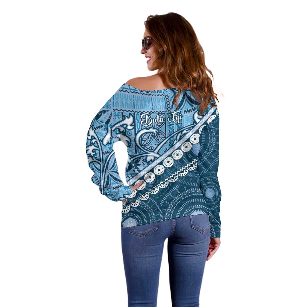 Blue Bula Fiji Off Shoulder Sweater Fijian Language Week Tapa Cloth - Pastel