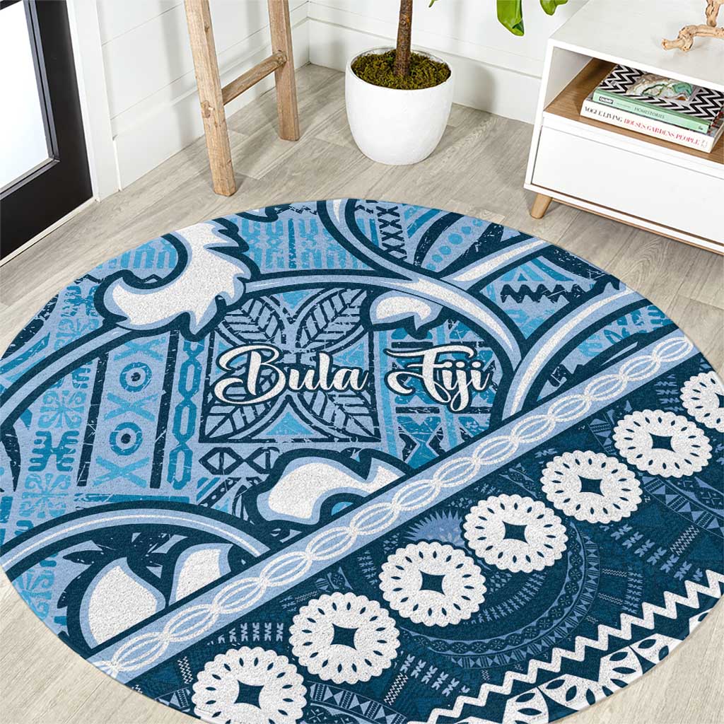 Blue Bula Fiji Round Carpet Fijian Language Week Tapa Cloth - Pastel