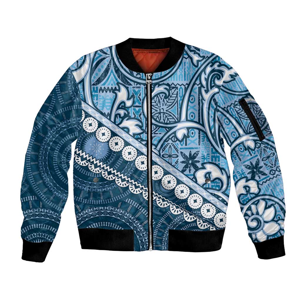 Blue Bula Fiji Sleeve Zip Bomber Jacket Fijian Language Week Tapa Cloth - Pastel LT14 Unisex Blue - Polynesian Pride