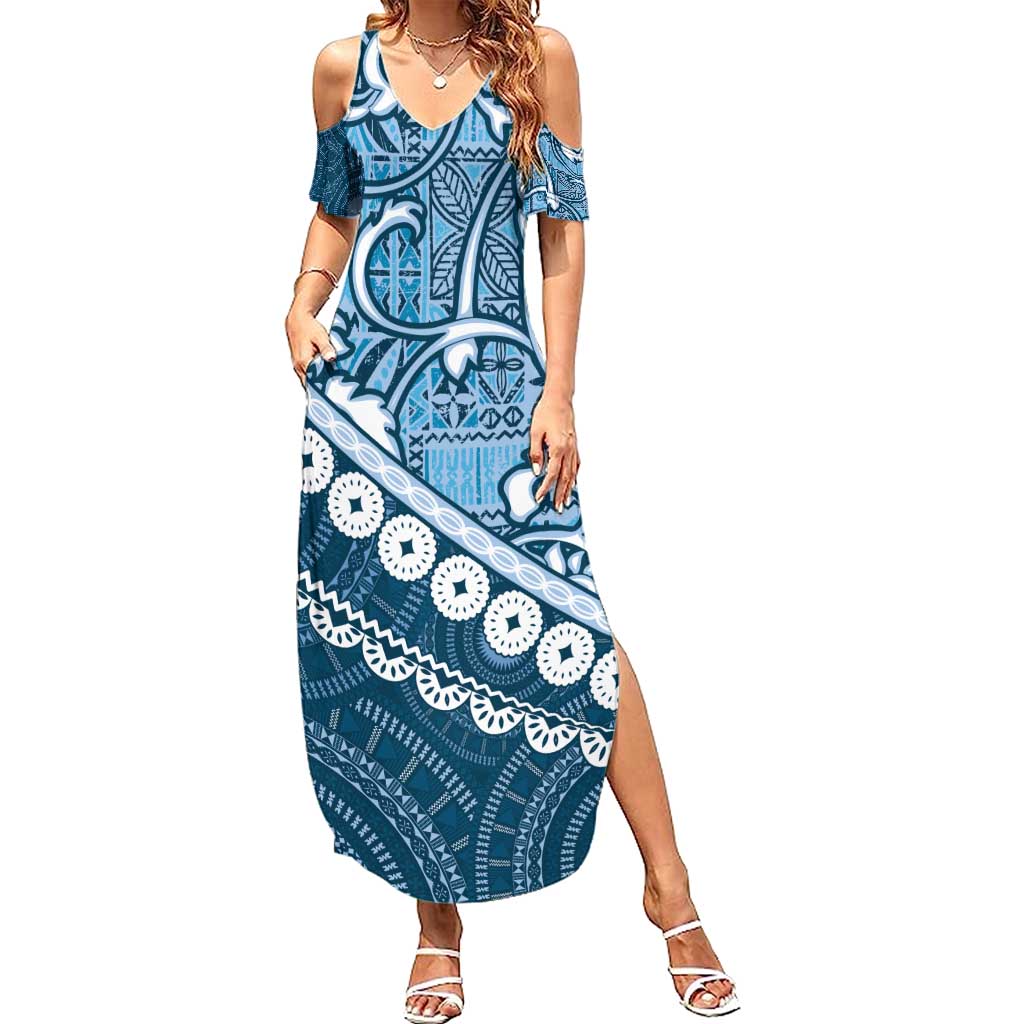 Blue Bula Fiji Summer Maxi Dress Fijian Language Week Tapa Cloth - Pastel