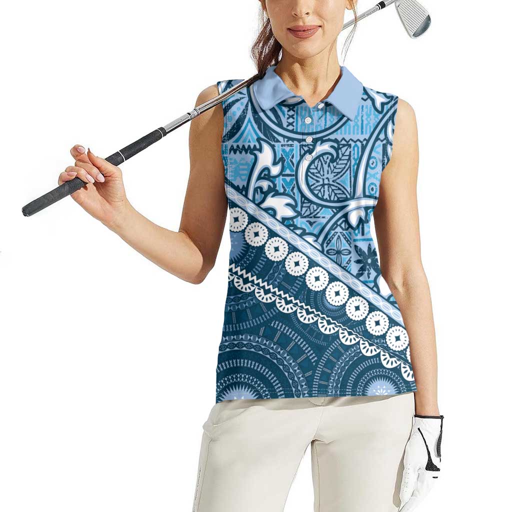 Blue Bula Fiji Women Sleeveless Polo Shirt Fijian Language Week Tapa Cloth - Pastel