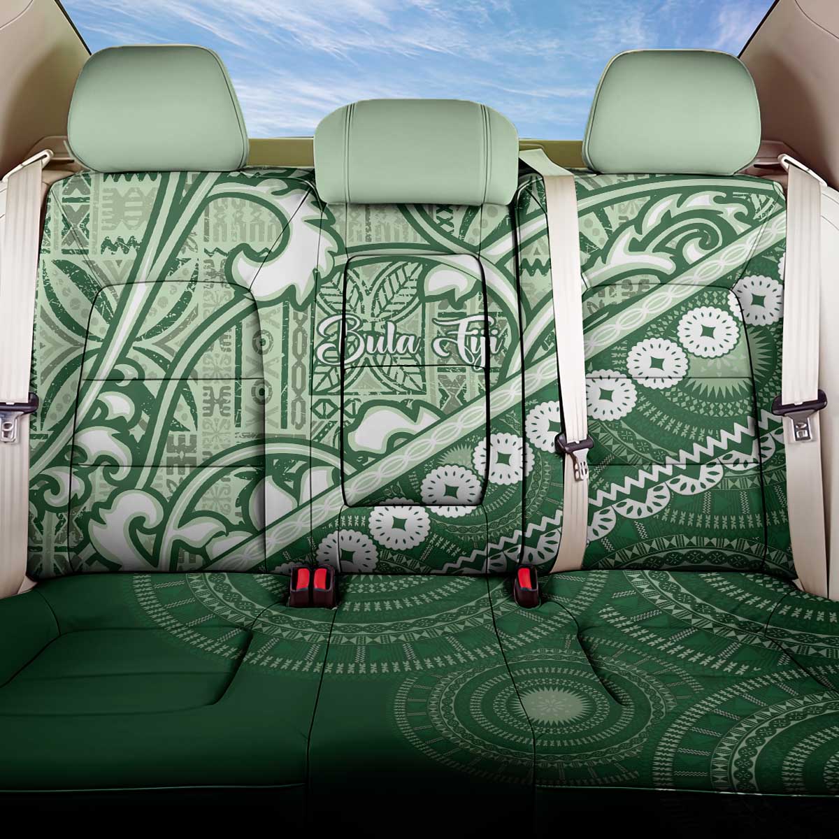 Green Bula Fiji Back Car Seat Cover Fijian Language Week Tapa Cloth - Pastel