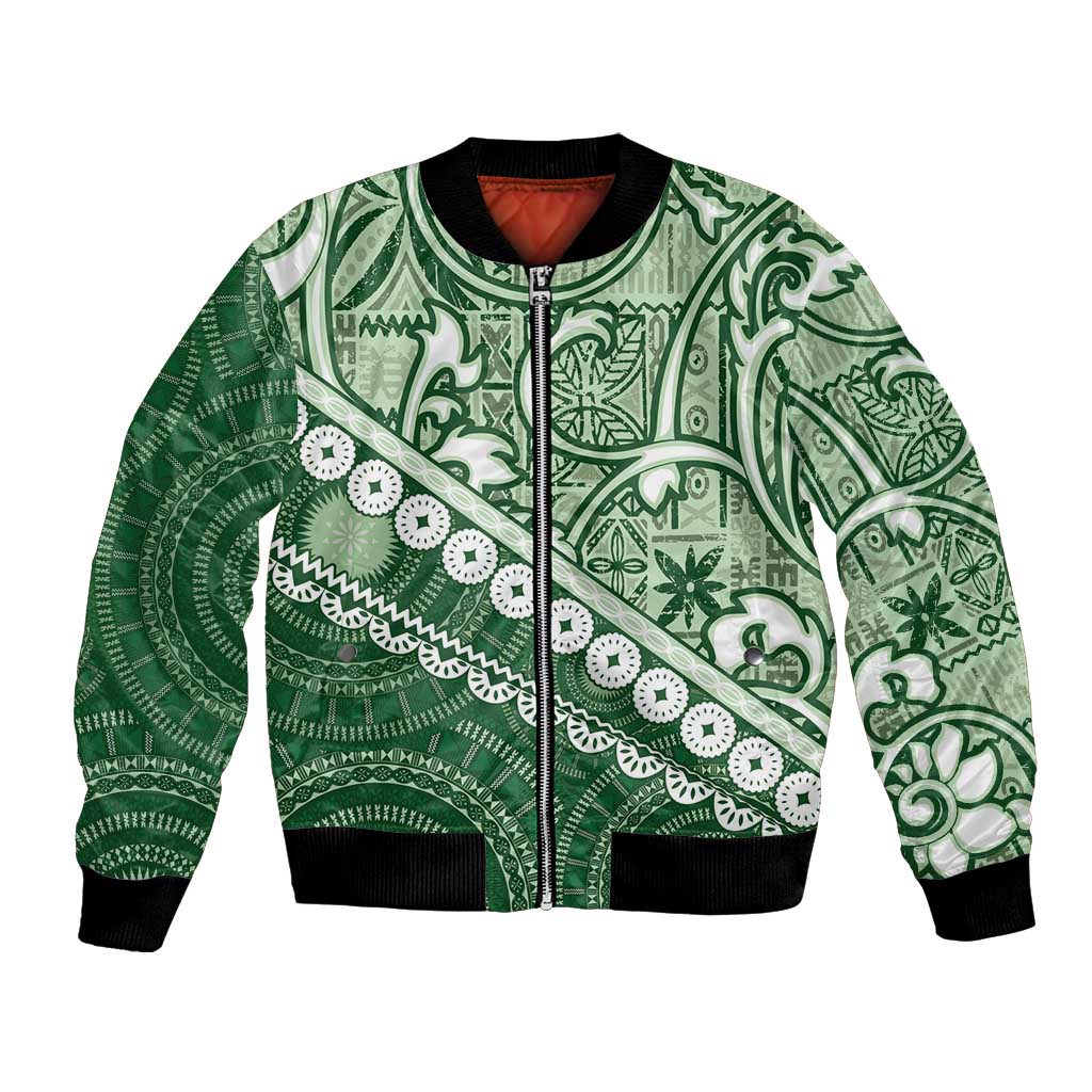 Green Bula Fiji Bomber Jacket Fijian Language Week Tapa Cloth - Pastel