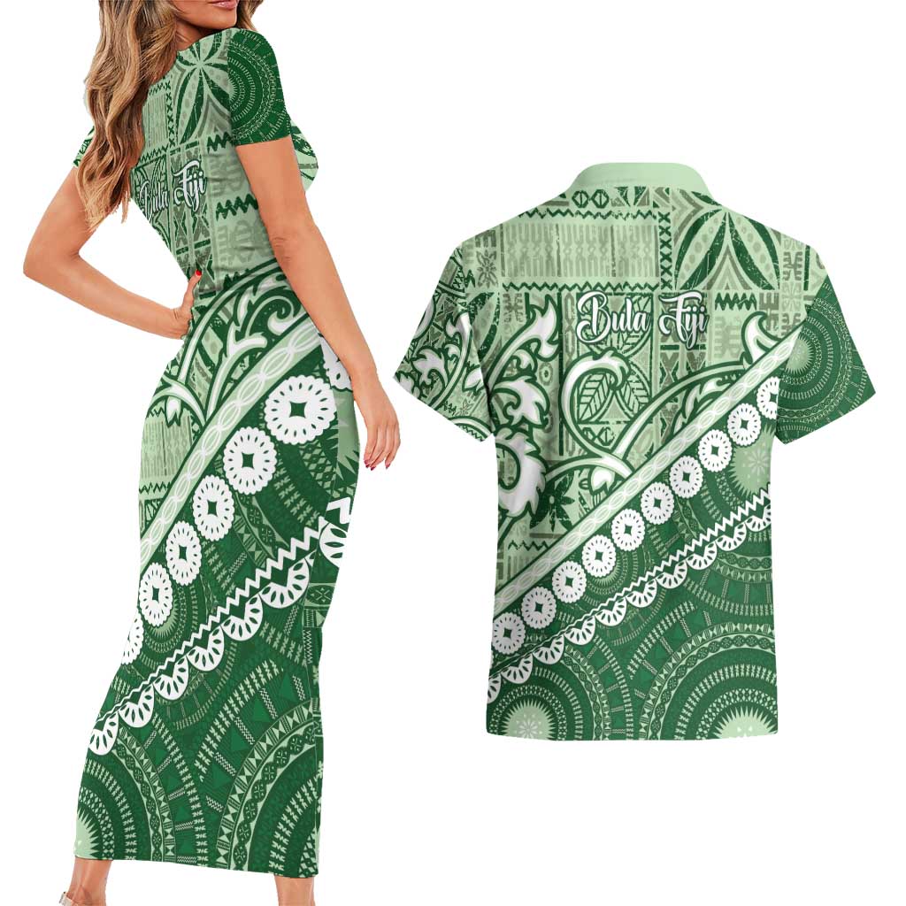 Green Bula Fiji Couples Matching Short Sleeve Bodycon Dress and Hawaiian Shirt Fijian Language Week Tapa Cloth - Pastel