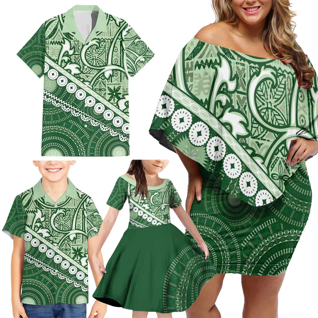 Green Bula Fiji Family Matching Off Shoulder Short Dress and Hawaiian Shirt Fijian Language Week Tapa Cloth - Pastel