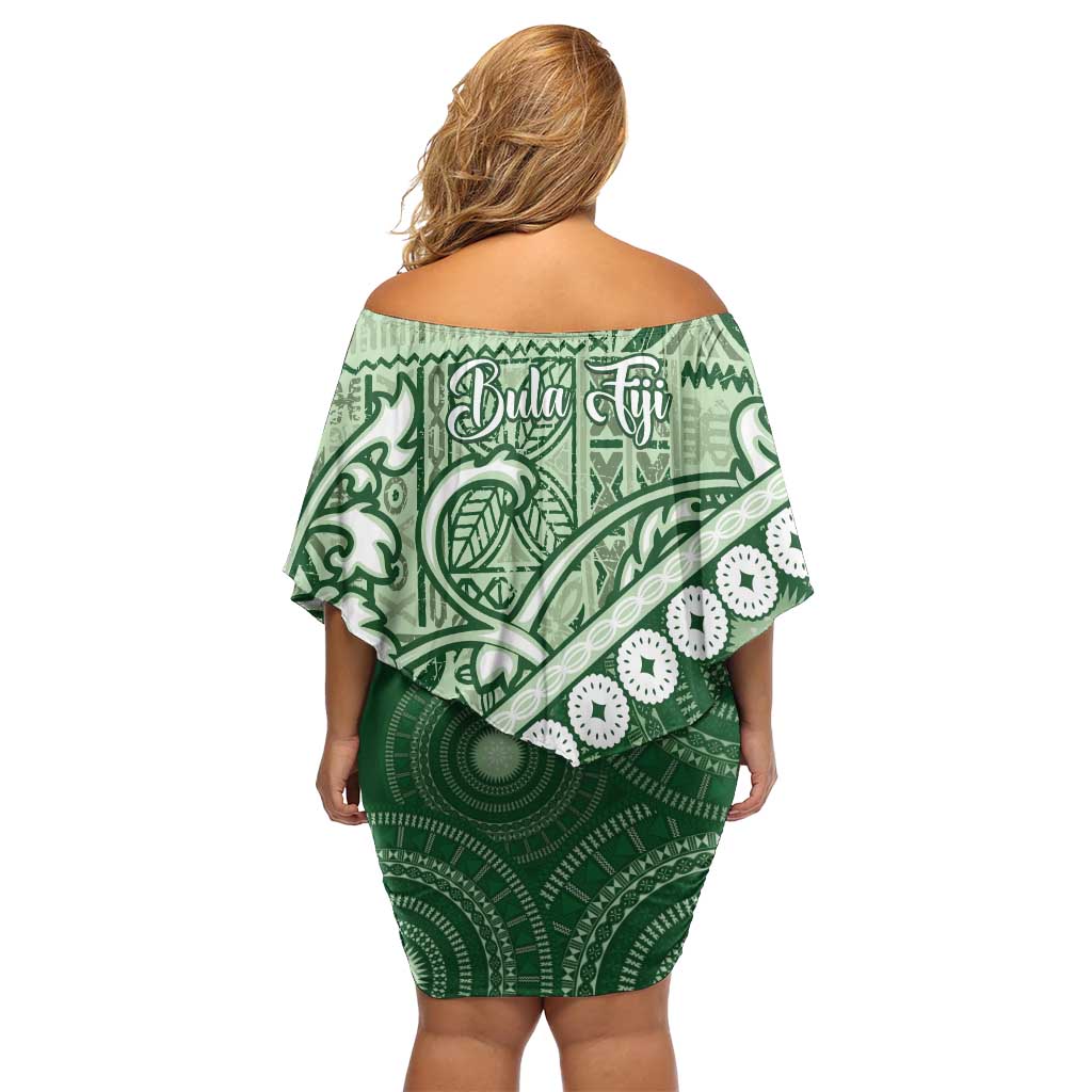 Green Bula Fiji Family Matching Off Shoulder Short Dress and Hawaiian Shirt Fijian Language Week Tapa Cloth - Pastel