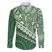 Green Bula Fiji Family Matching Puletasi and Hawaiian Shirt Fijian Language Week Tapa Cloth - Pastel LT14 Dad's Shirt - Long Sleeve Green - Polynesian Pride