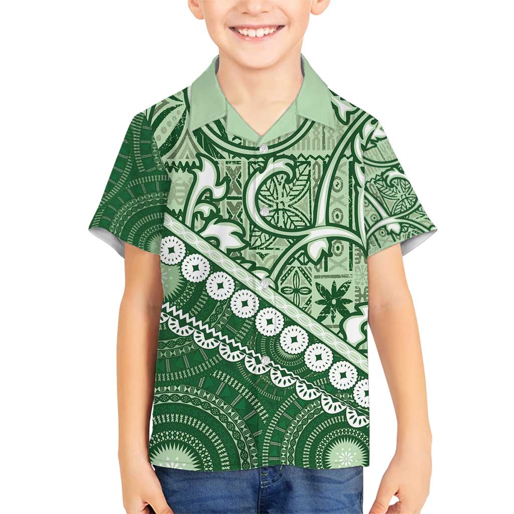 Green Bula Fiji Family Matching Puletasi and Hawaiian Shirt Fijian Language Week Tapa Cloth - Pastel LT14 Son's Shirt Green - Polynesian Pride