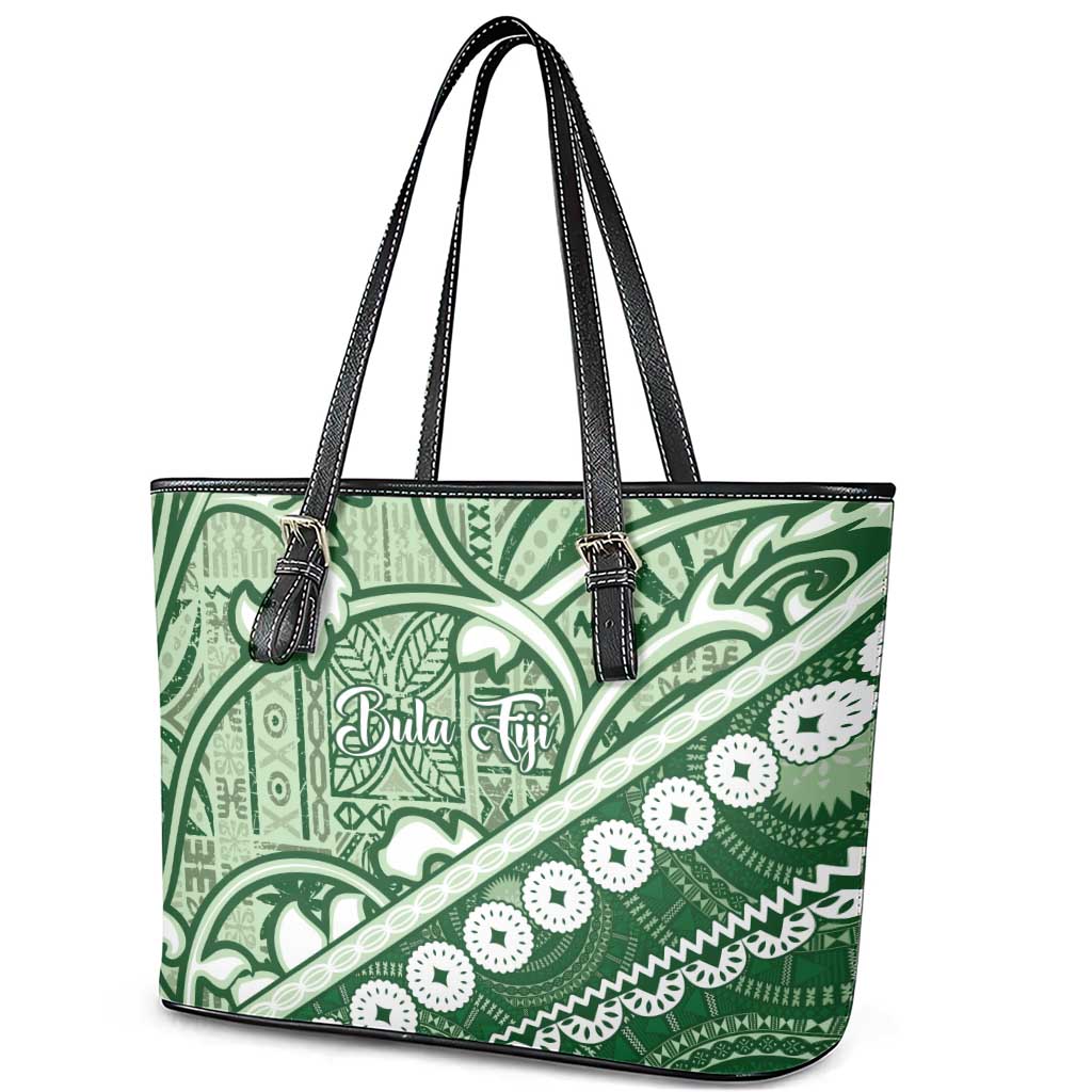 Green Bula Fiji Leather Tote Bag Fijian Language Week Tapa Cloth - Pastel
