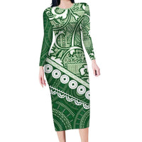 Green Bula Fiji Long Sleeve Bodycon Dress Fijian Language Week Tapa Cloth - Pastel