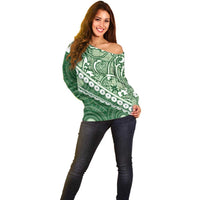 Green Bula Fiji Off Shoulder Sweater Fijian Language Week Tapa Cloth - Pastel LT14 - Polynesian Pride