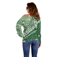 Green Bula Fiji Off Shoulder Sweater Fijian Language Week Tapa Cloth - Pastel LT14 - Polynesian Pride