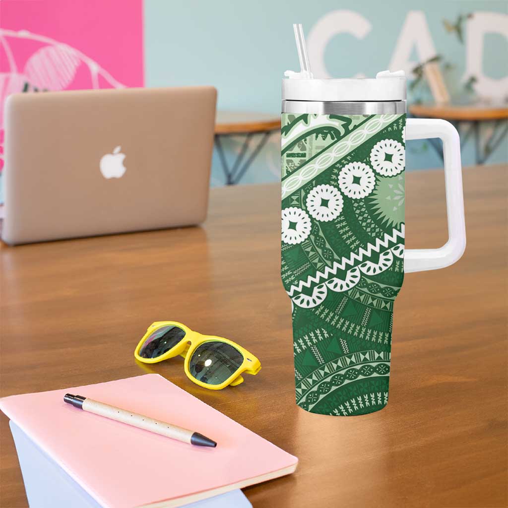 Green Bula Fiji Tumbler With Handle Fijian Language Week Tapa Cloth - Pastel
