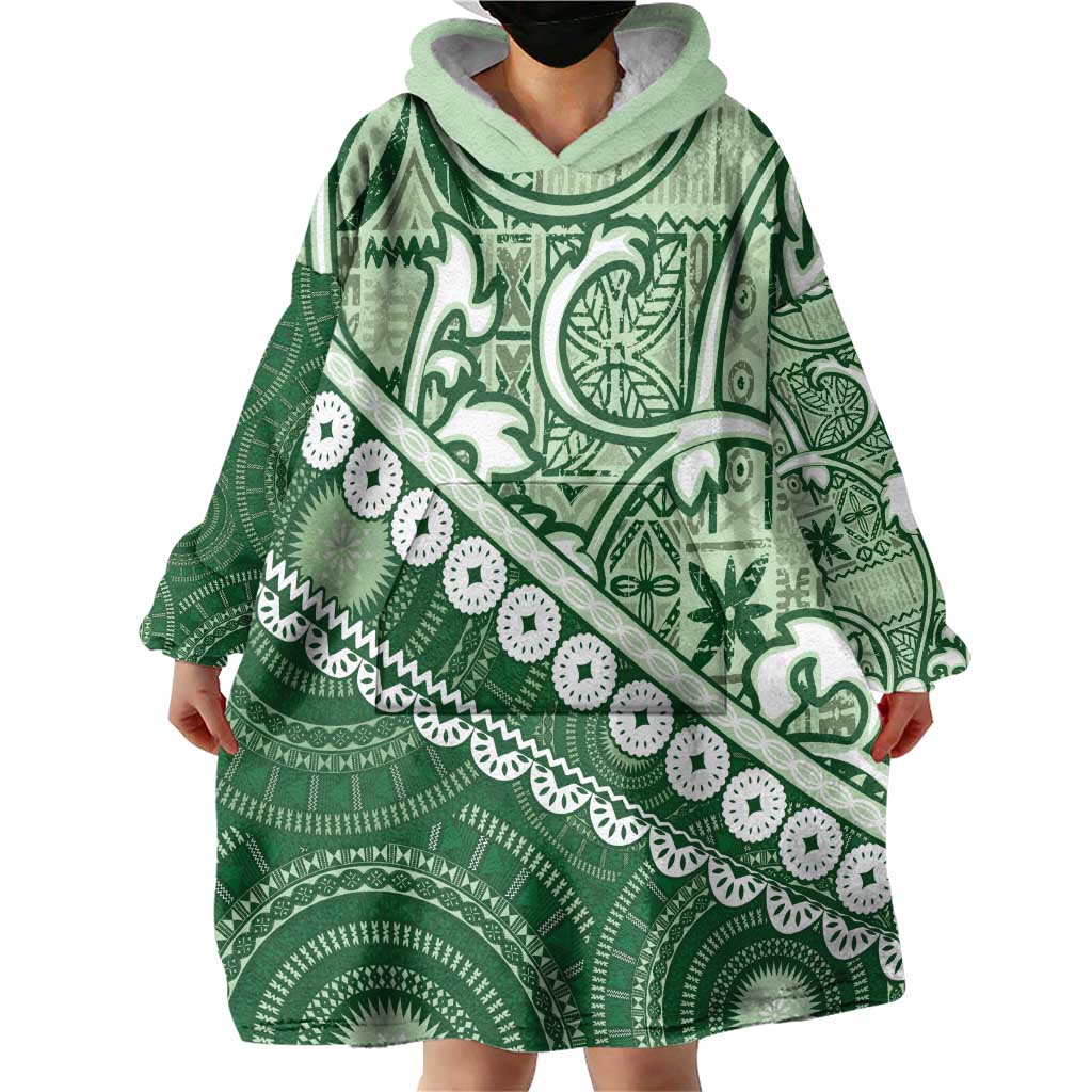 Green Bula Fiji Wearable Blanket Hoodie Fijian Language Week Tapa Cloth - Pastel