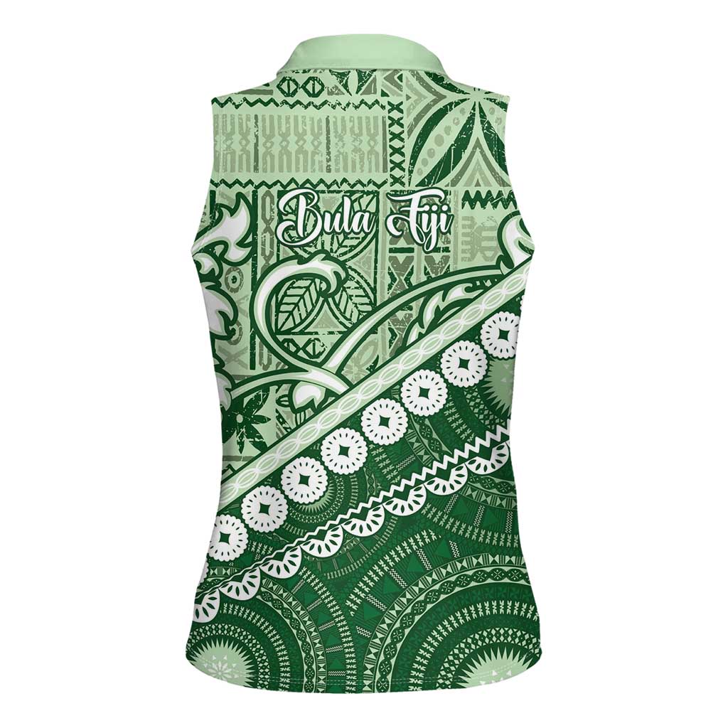 Green Bula Fiji Women Sleeveless Polo Shirt Fijian Language Week Tapa Cloth - Pastel LT14 - Polynesian Pride