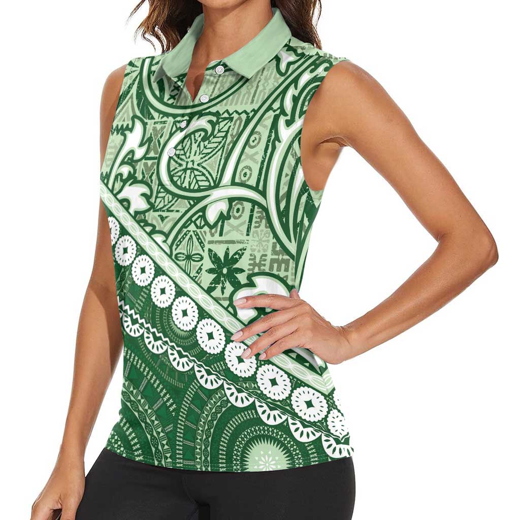 Green Bula Fiji Women Sleeveless Polo Shirt Fijian Language Week Tapa Cloth - Pastel LT14 - Polynesian Pride