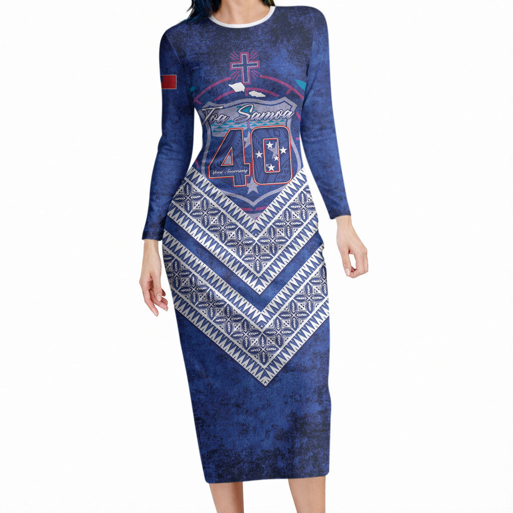 Toa Samoa Rugby Custom Long Sleeve Bodycon Dress 40th Anniversary Samoan Siapo Pattern LT14 Long Dress Blue - Polynesian Pride