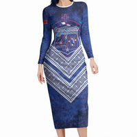Toa Samoa Rugby Custom Long Sleeve Bodycon Dress 40th Anniversary Samoan Siapo Pattern LT14 Long Dress Blue - Polynesian Pride