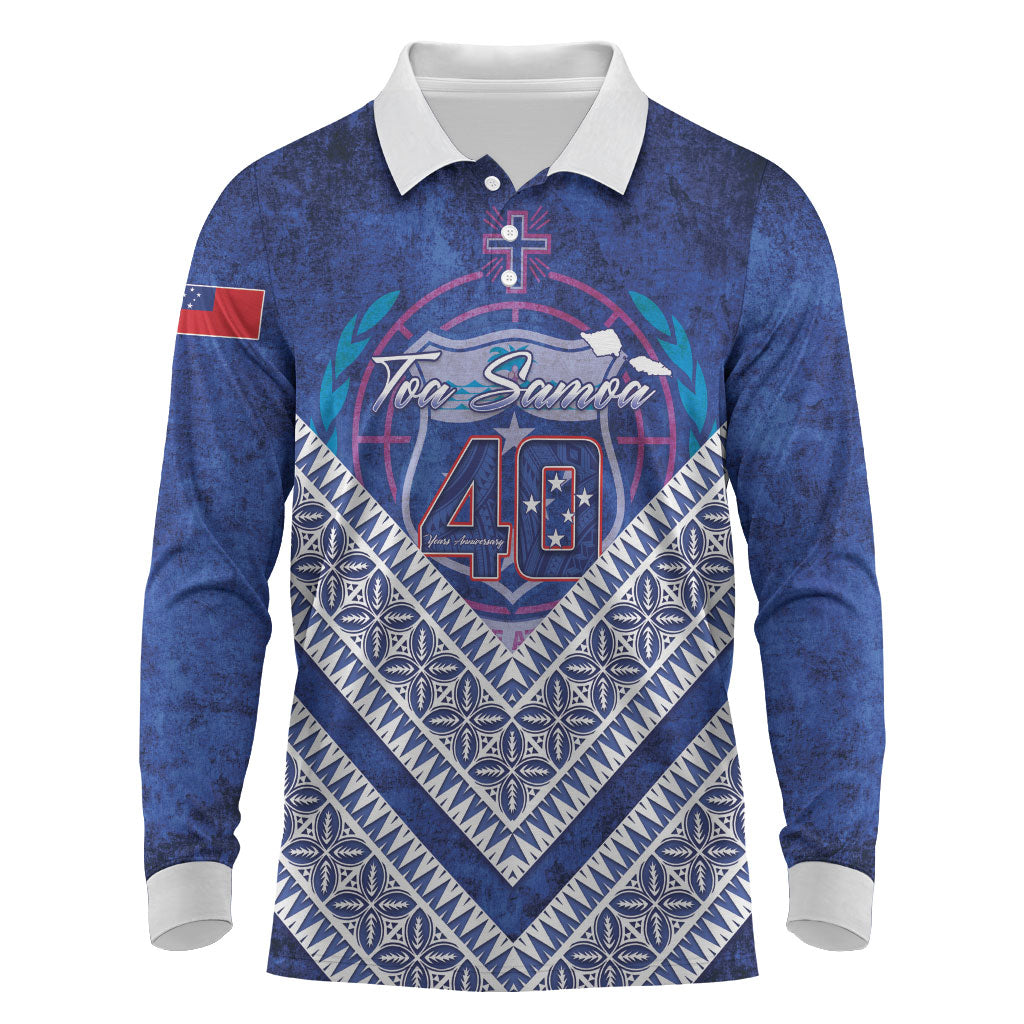 Toa Samoa Rugby Custom Long Sleeve Polo Shirt 40th Anniversary Samoan Siapo Pattern LT14 Blue - Polynesian Pride