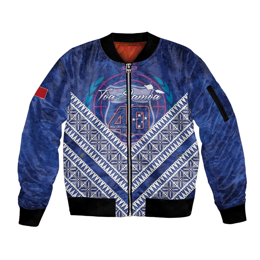 Toa Samoa Rugby Custom Sleeve Zip Bomber Jacket 40th Anniversary Samoan Siapo Pattern LT14 Unisex Blue - Polynesian Pride