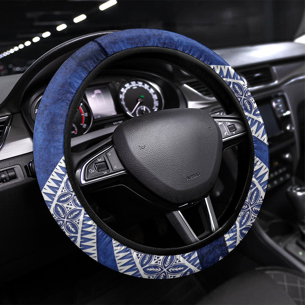 Toa Samoa Rugby Steering Wheel Cover 40th Anniversary Samoan Siapo Pattern LT14 Universal Fit Blue - Polynesian Pride