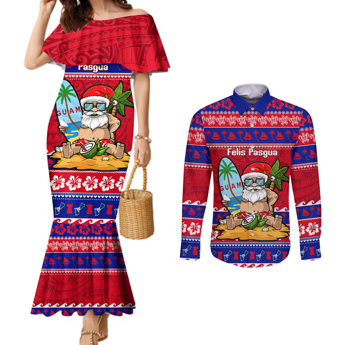 Custom Guam Christmas Couples Matching Mermaid Dress and Long Sleeve Button Shirt Guaman Santas Felis Pasgua LT14 Blue - Polynesian Pride
